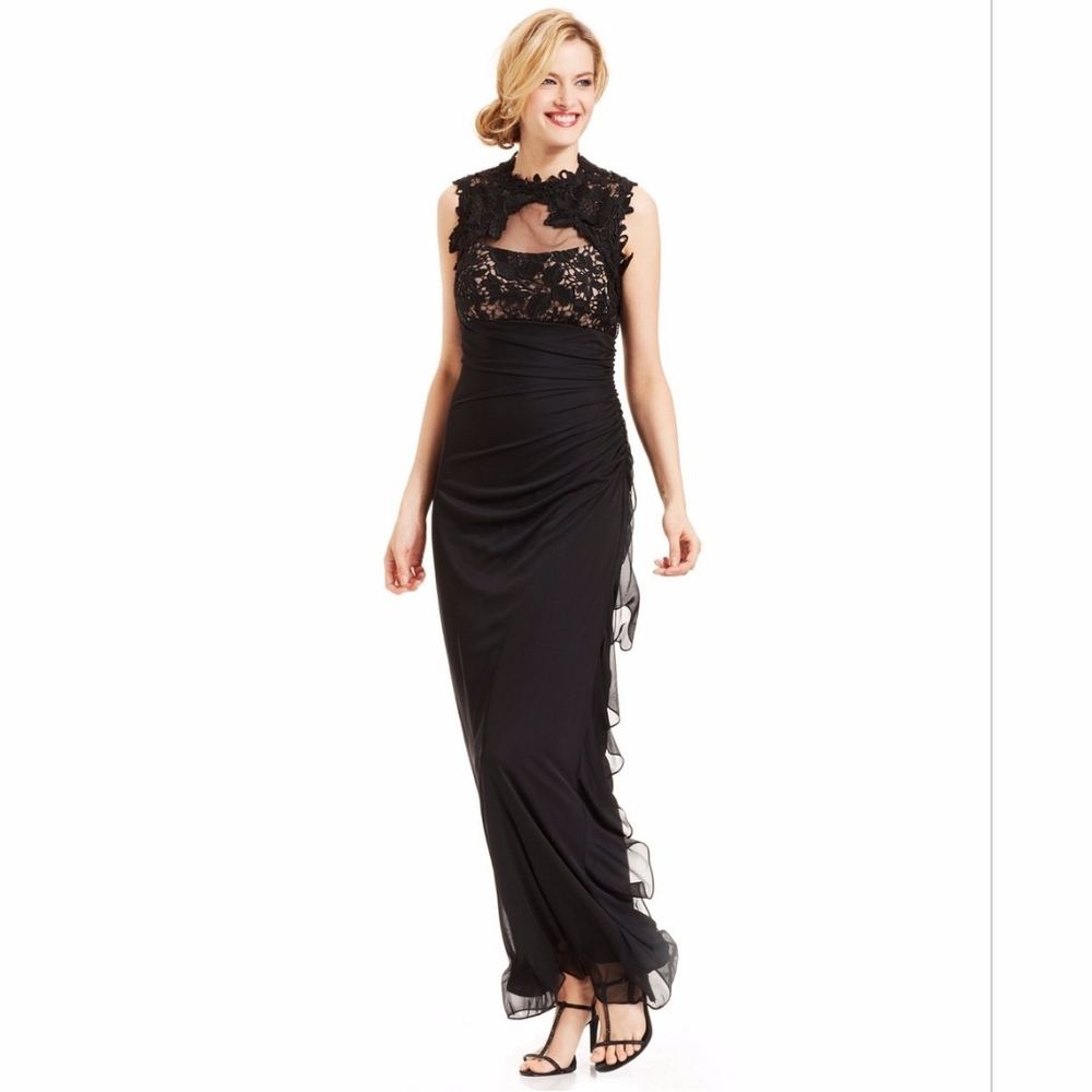 Betsy & Adams Black Long Formal Dress With Lace Size 6